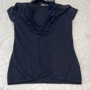 MEXX Navy Blue Knit Short Sleeve Top with Ruffled V Neck line | Size XS
